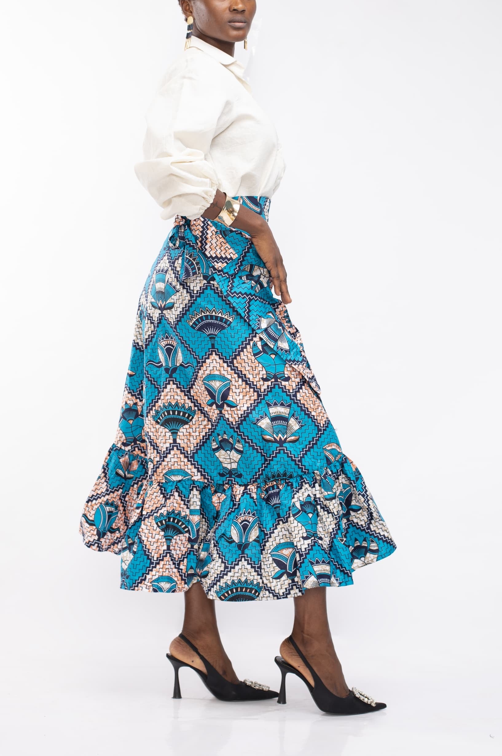 Falda cruzada en tela Ankara azul