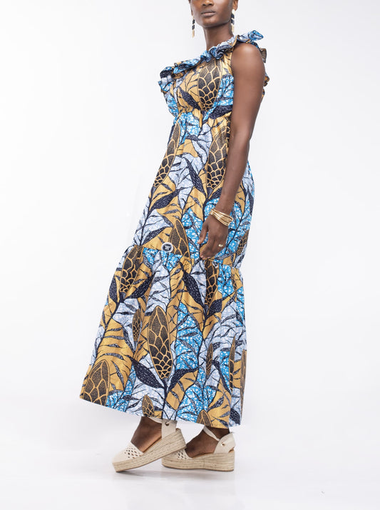 Asymmetric Dress in Blue/Gold Ankara Fabric