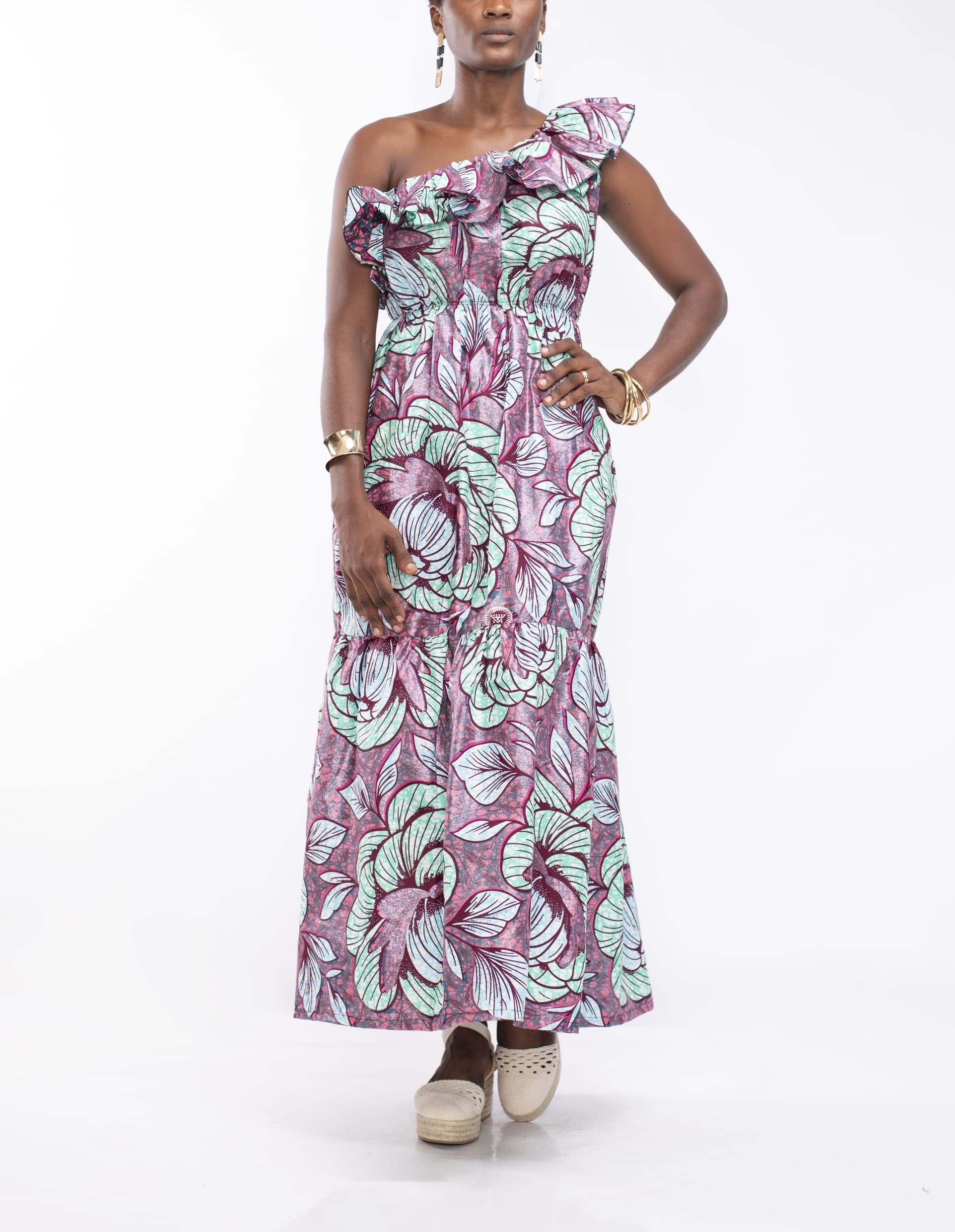 Asymmetric Dress in Green/Pink Ankara Fabric