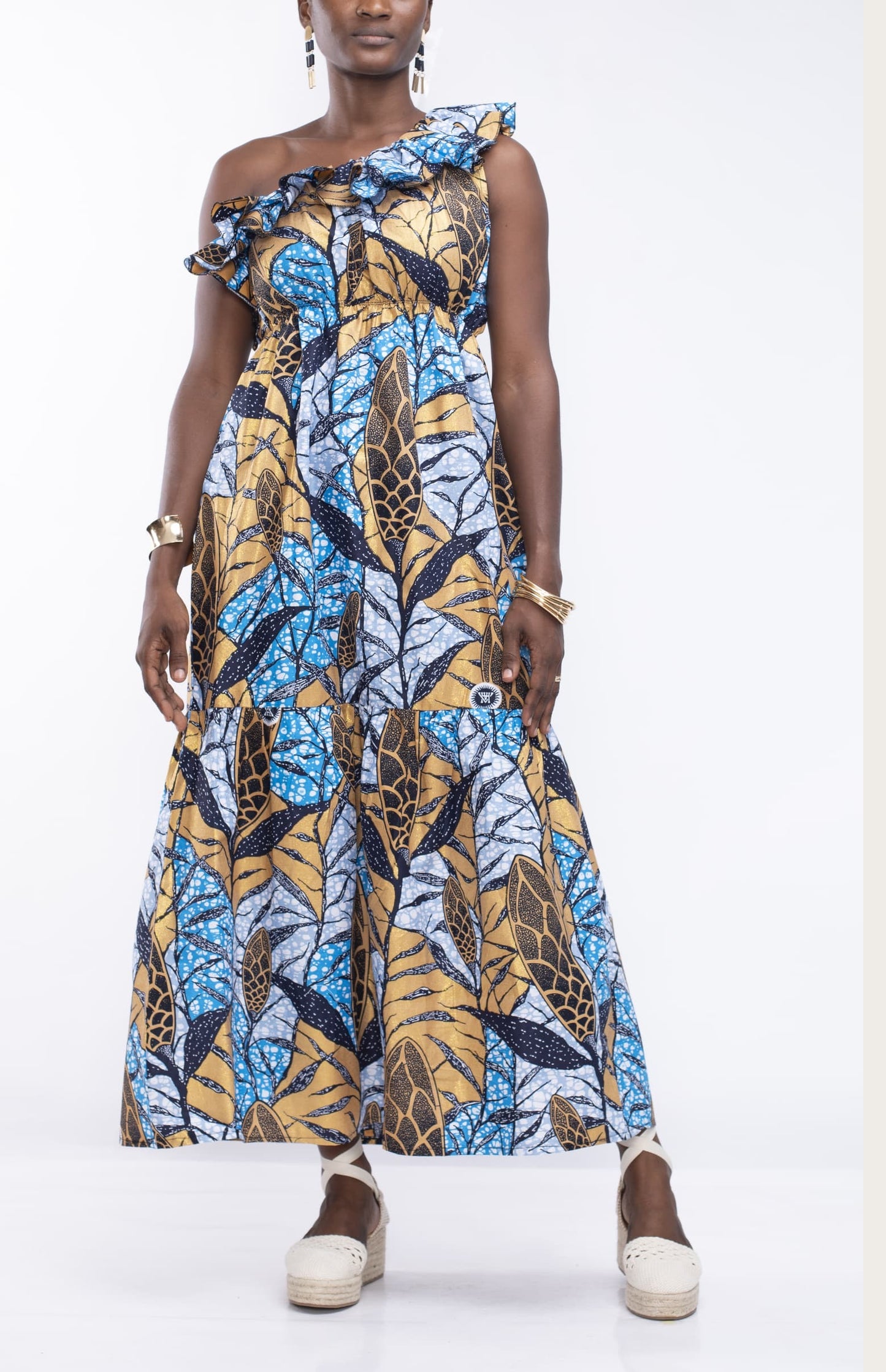 Asymmetric Dress in Blue/Gold Ankara Fabric