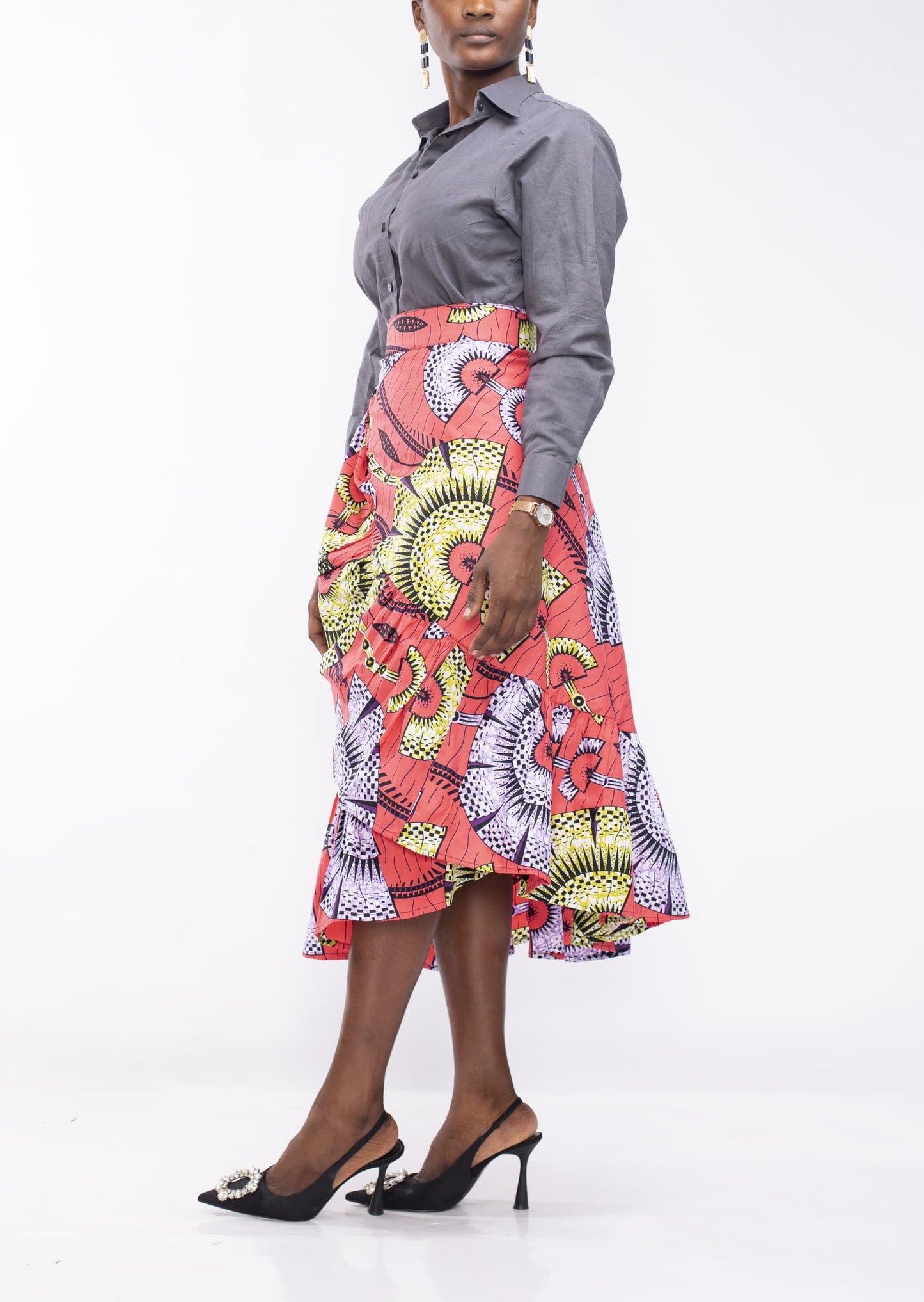 Wrap Skirt in Coral Ankara Fabric