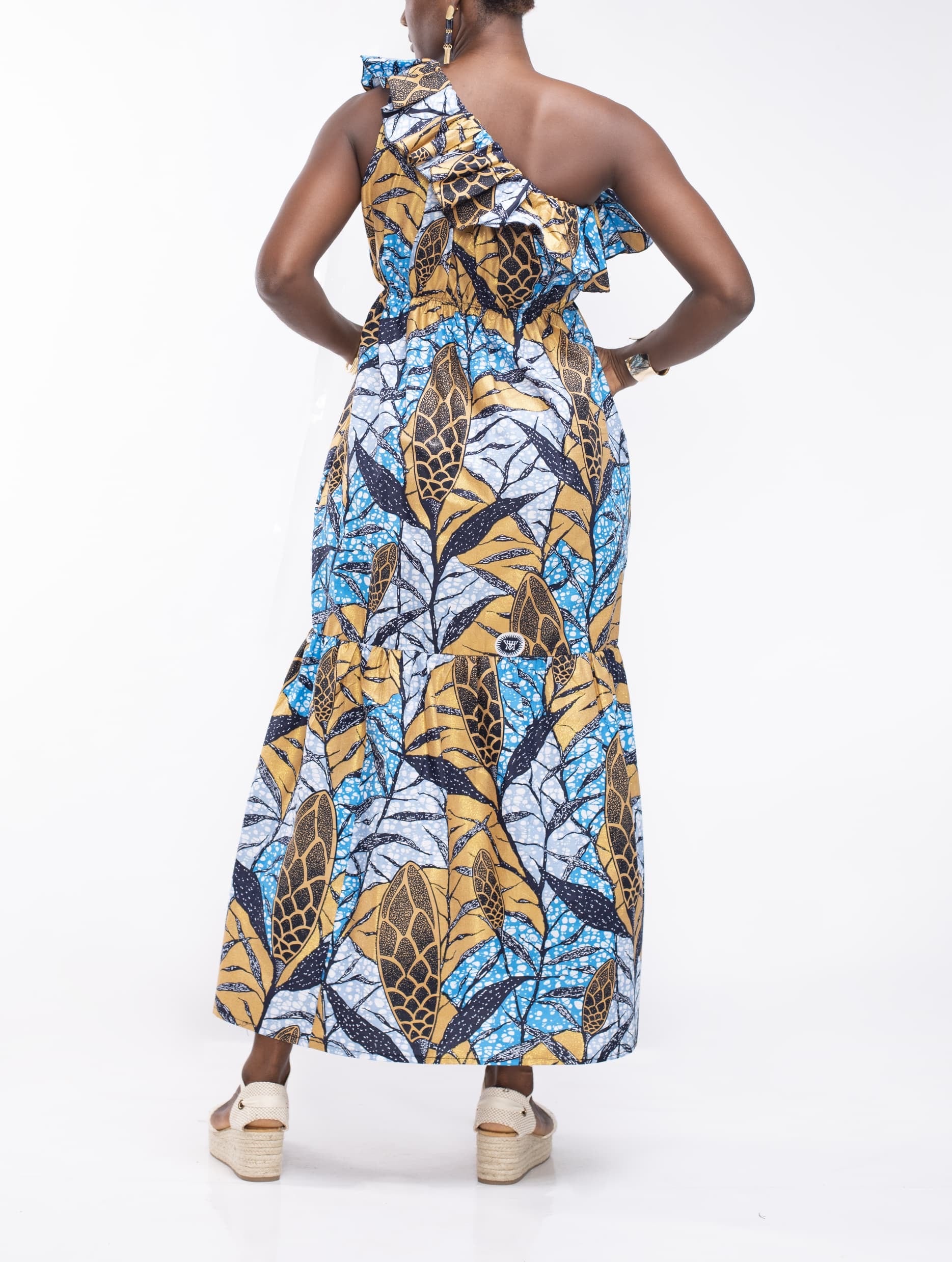 Asymmetric Dress in Blue/Gold Ankara Fabric