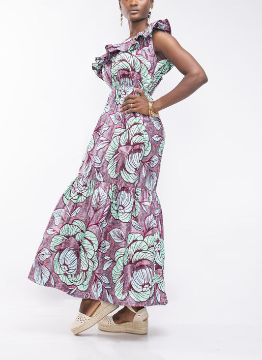 Asymmetric Dress in Green/Pink Ankara Fabric