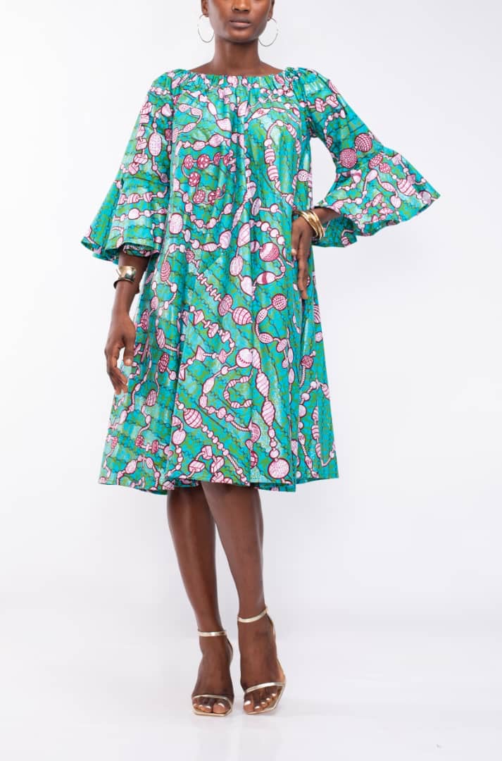 Off The Shoulder Dress in Turquoise Ankara Fabric