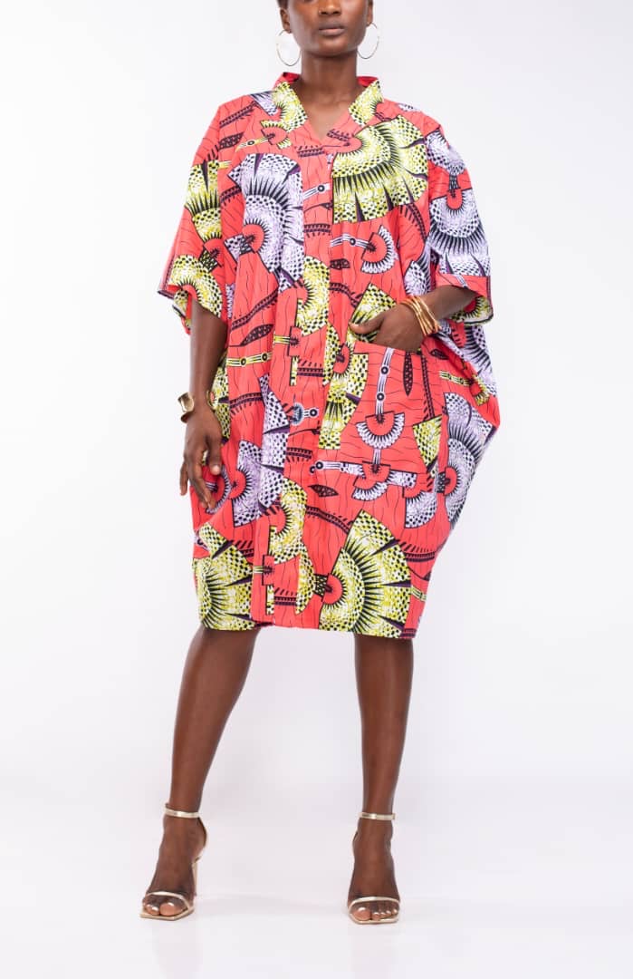 Short Kimono in Coral Ankara Fabric