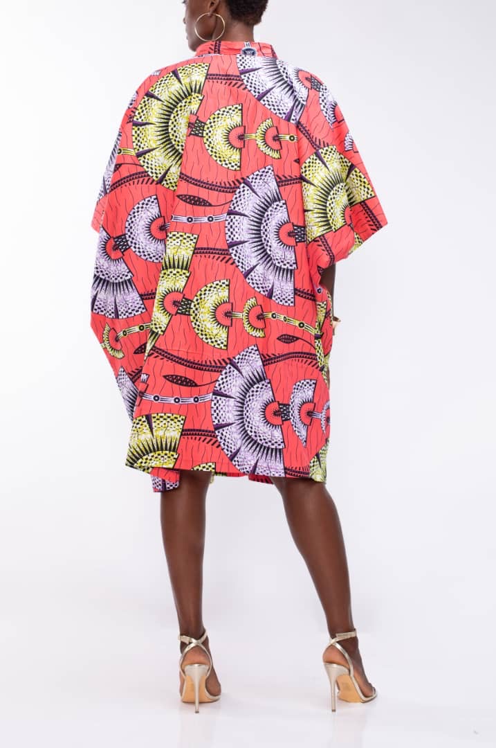 Short Kimono in Coral Ankara Fabric