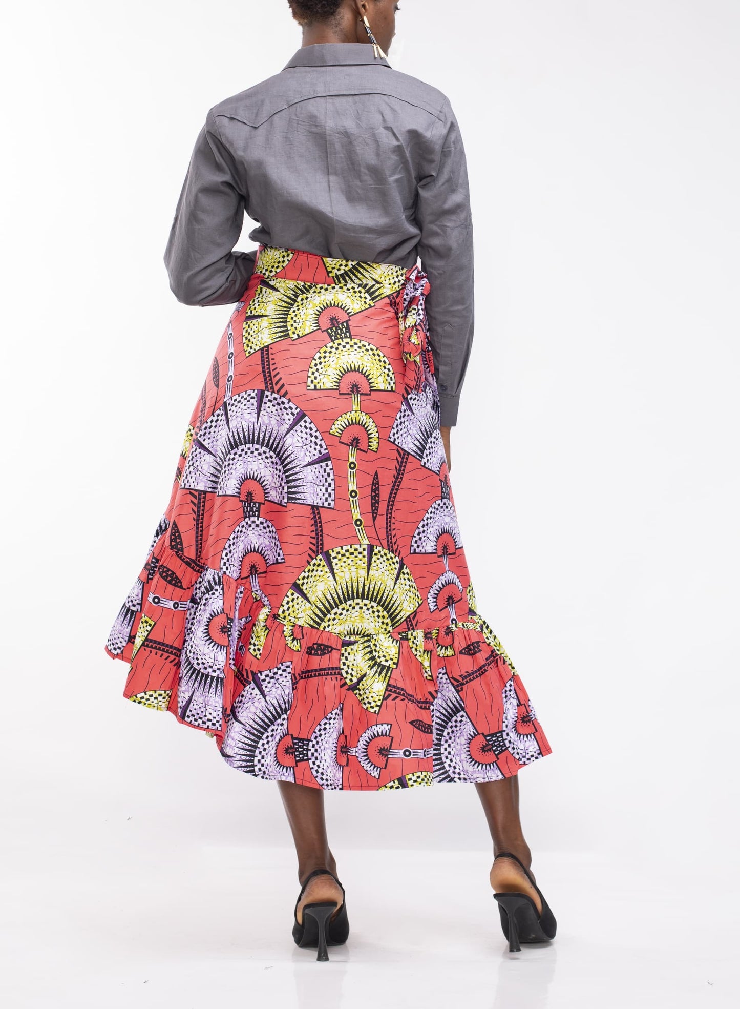 Wrap Skirt in Coral Ankara Fabric